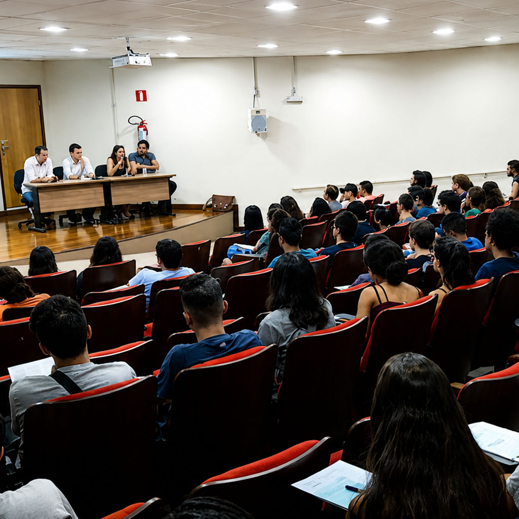 Auditório universitário lotado assistindo palestra